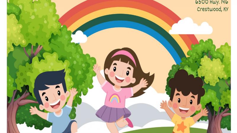 Cartoon flyer with kids and rainbow