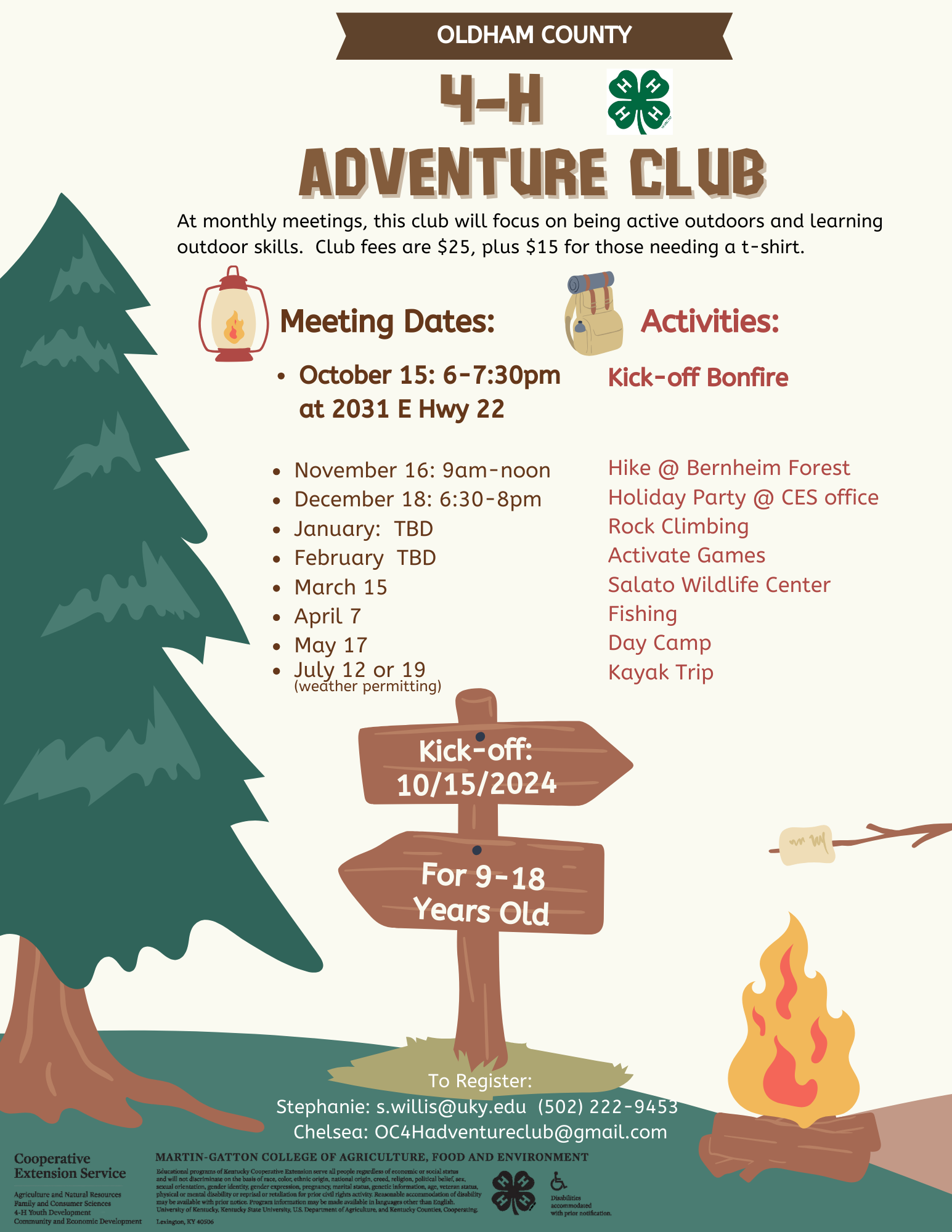 flyer for 4-H Adventure club meetings with pine tree and campfire