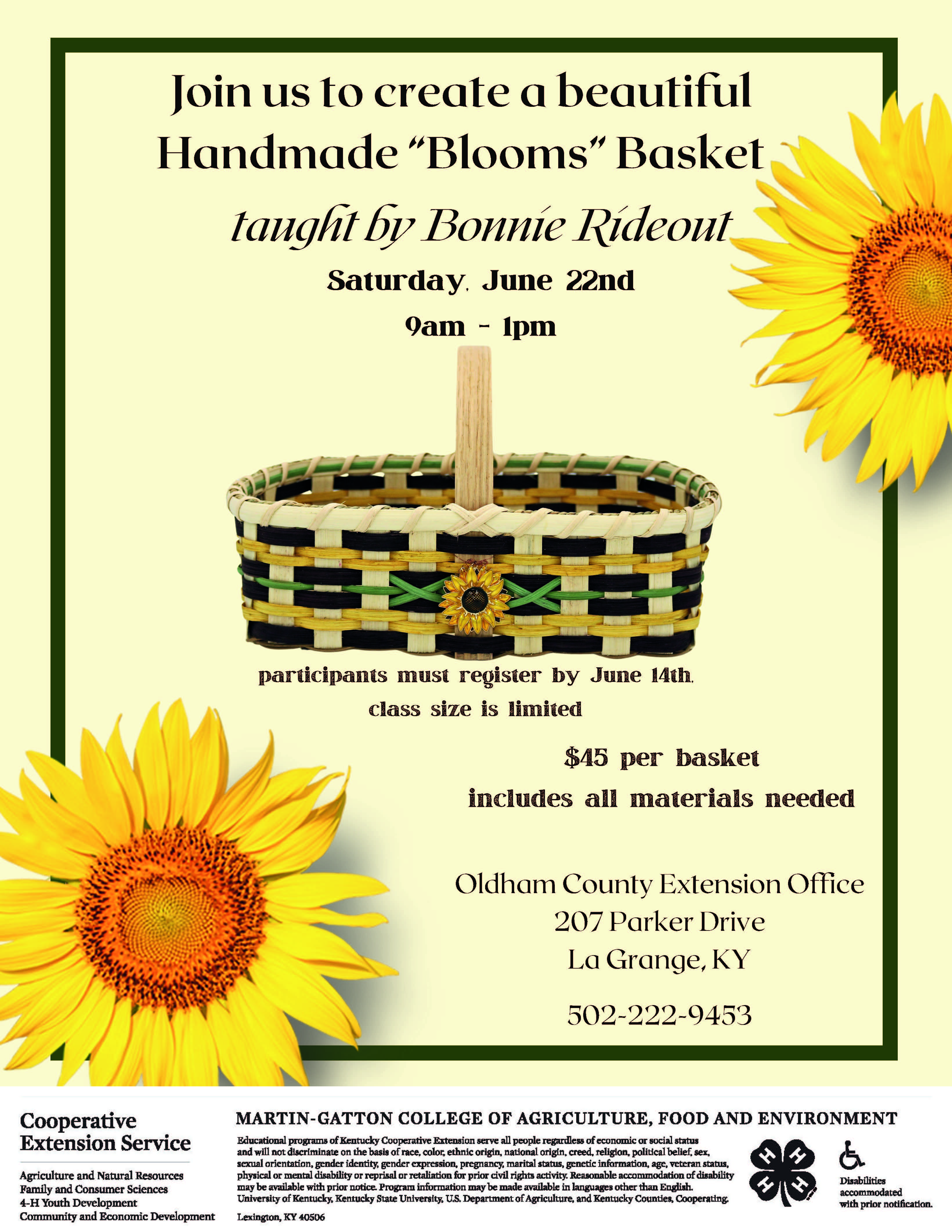 Yellow background with sunflowers.  Basket in the middle of flyer
