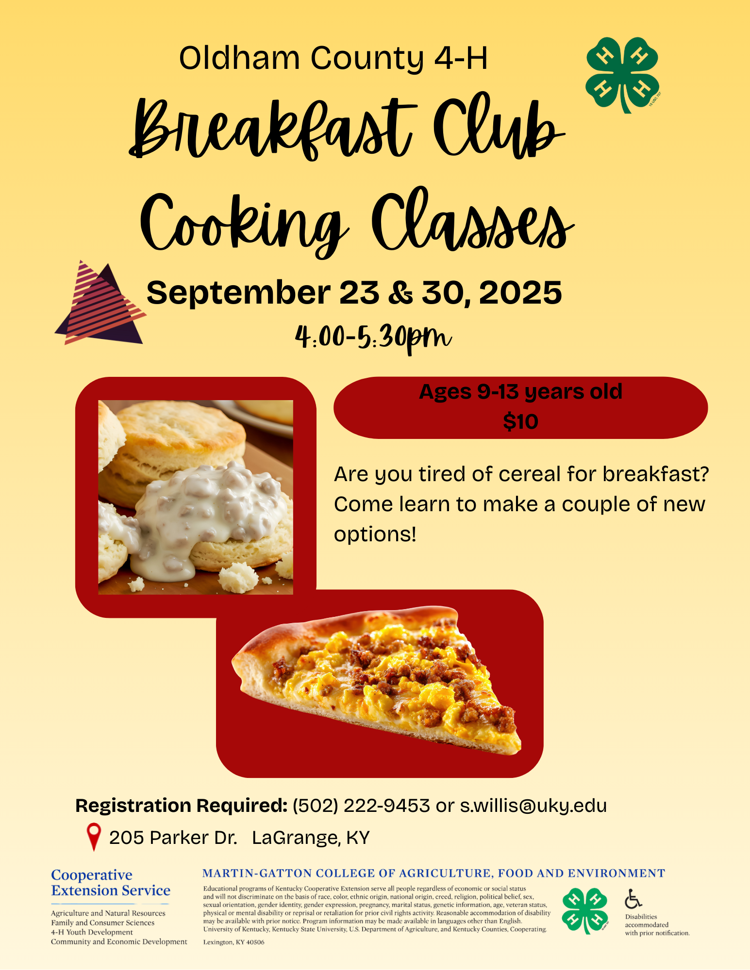 Flyer with picture of biscuits and gravy and breakfast pizza for cooking class