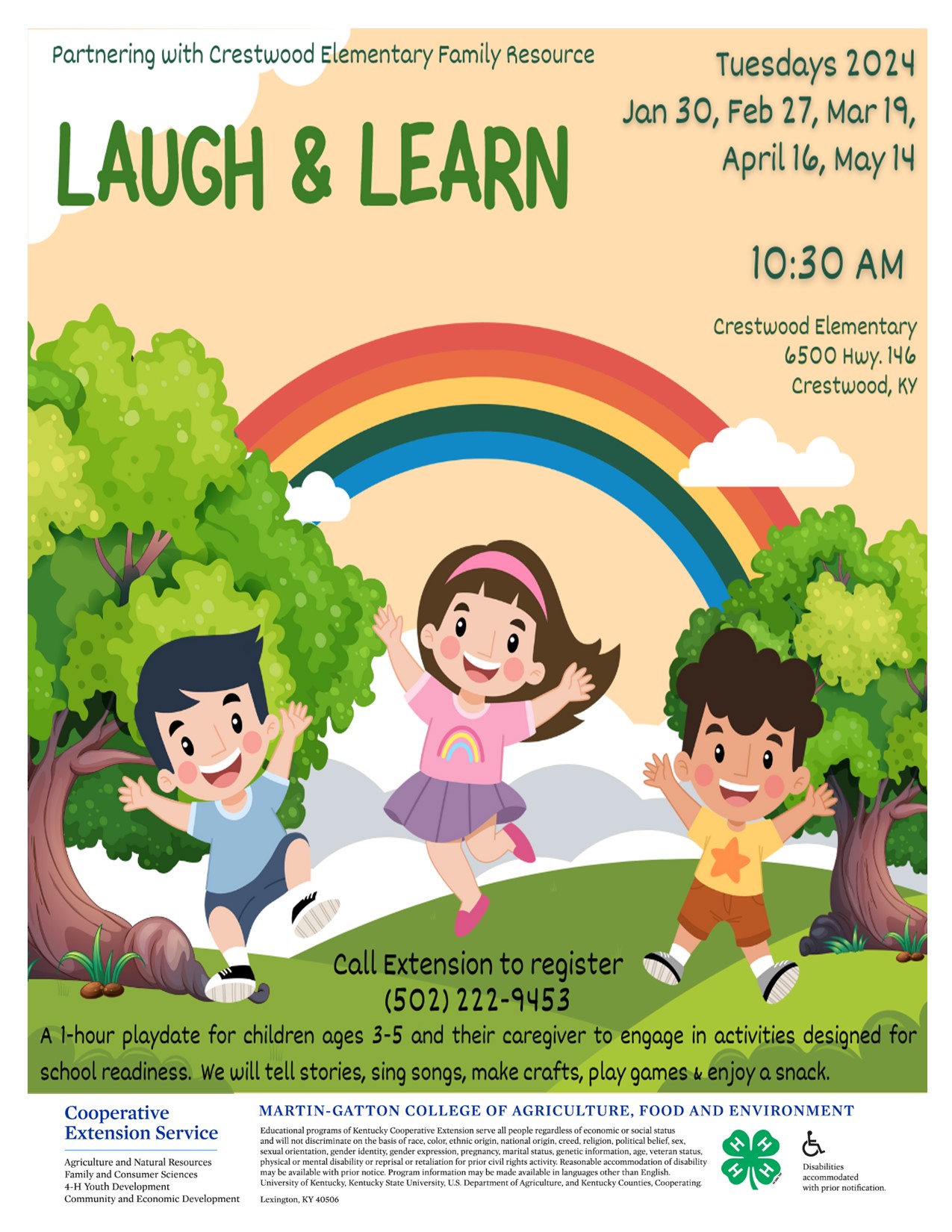 Cartoon flyer with kids and rainbow