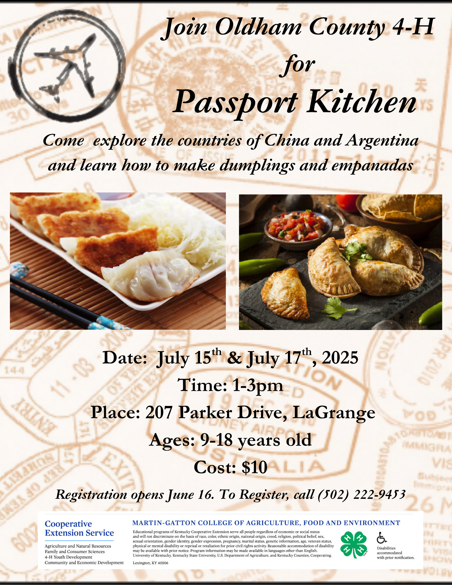 flyer advertising cooking program with pictures of Chinese dumplings and Argentinian Empanadas