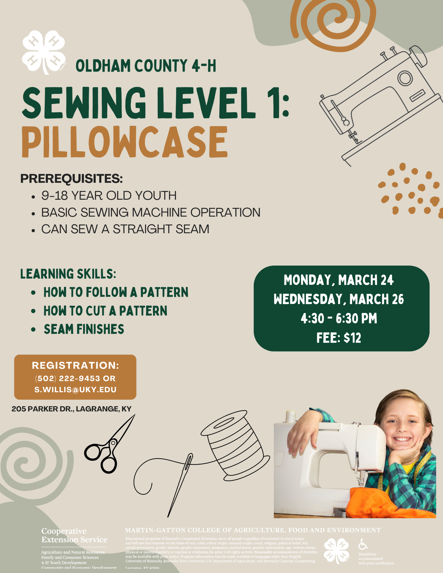 flyer with youth and sewing machine to advertise sewing classes