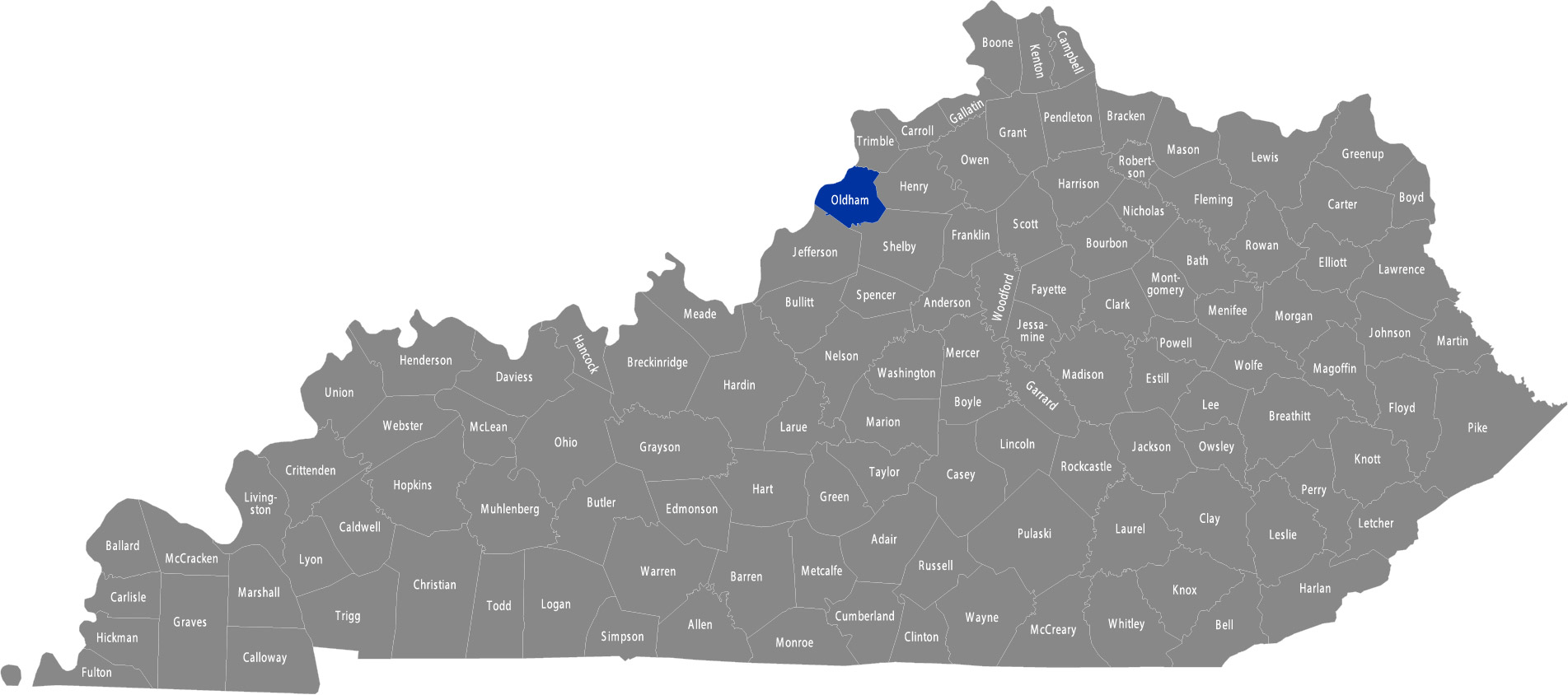 State of Kentucky map with Oldham County highlighted