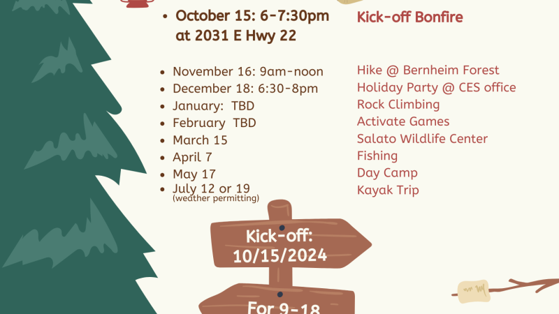 flyer for 4-H Adventure club meetings with pine tree and campfire