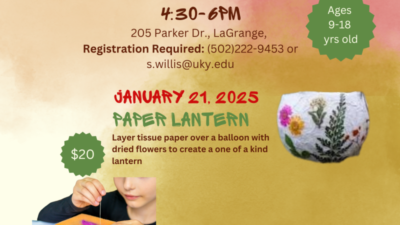 flyer with paper lantern and wool felting photos for art workshop