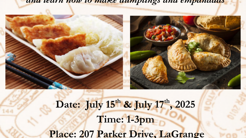 flyer advertising cooking program with pictures of Chinese dumplings and Argentinian Empanadas 