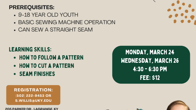 flyer with youth and sewing machine to advertise sewing classes